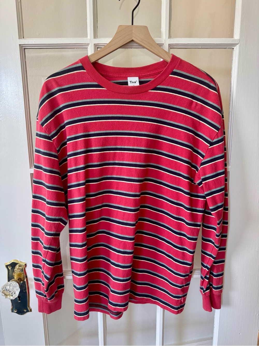 Tna Bright Red Bold Striped Long-Sleeve Crewneck Slouchy Oversized Tee (Unisex)